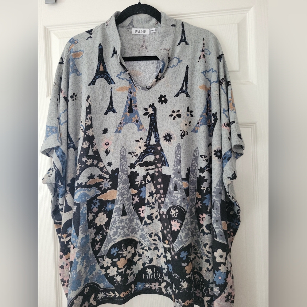 Vintage Palme Brand Paris Eiffel Tower Cape Poncho Womens Gray Stretch M/L